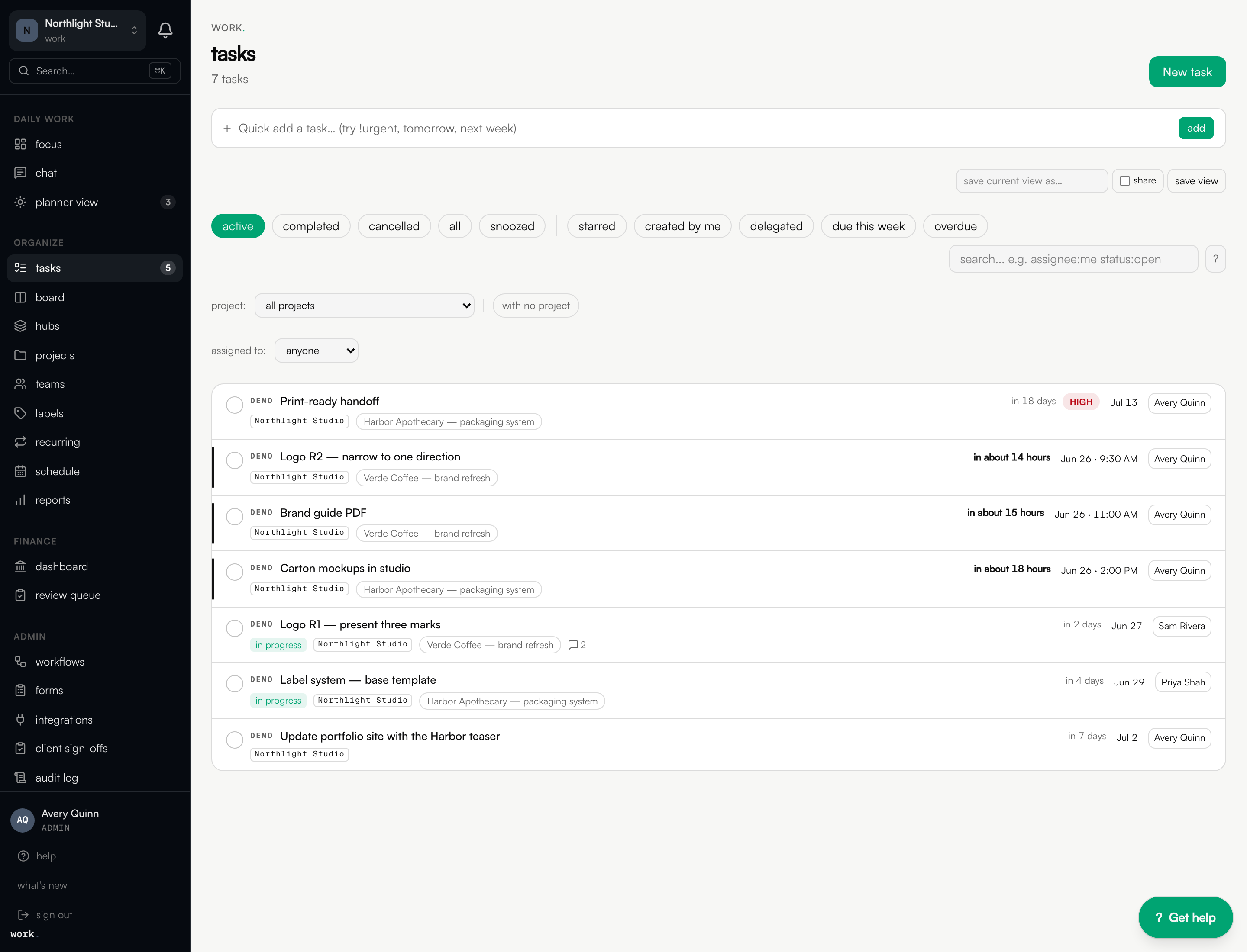 Task list across the whole team, each row showing its assignee